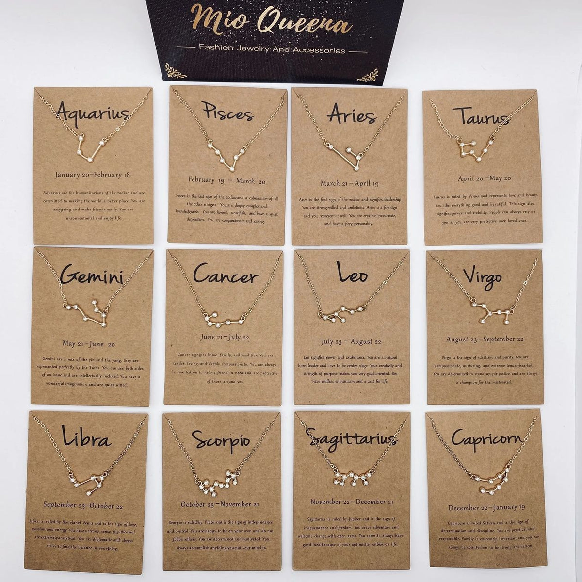 Mio Queena 12 constellations zodiac necklace inlaid with rhinestone, set of 12 star sign pendant cards