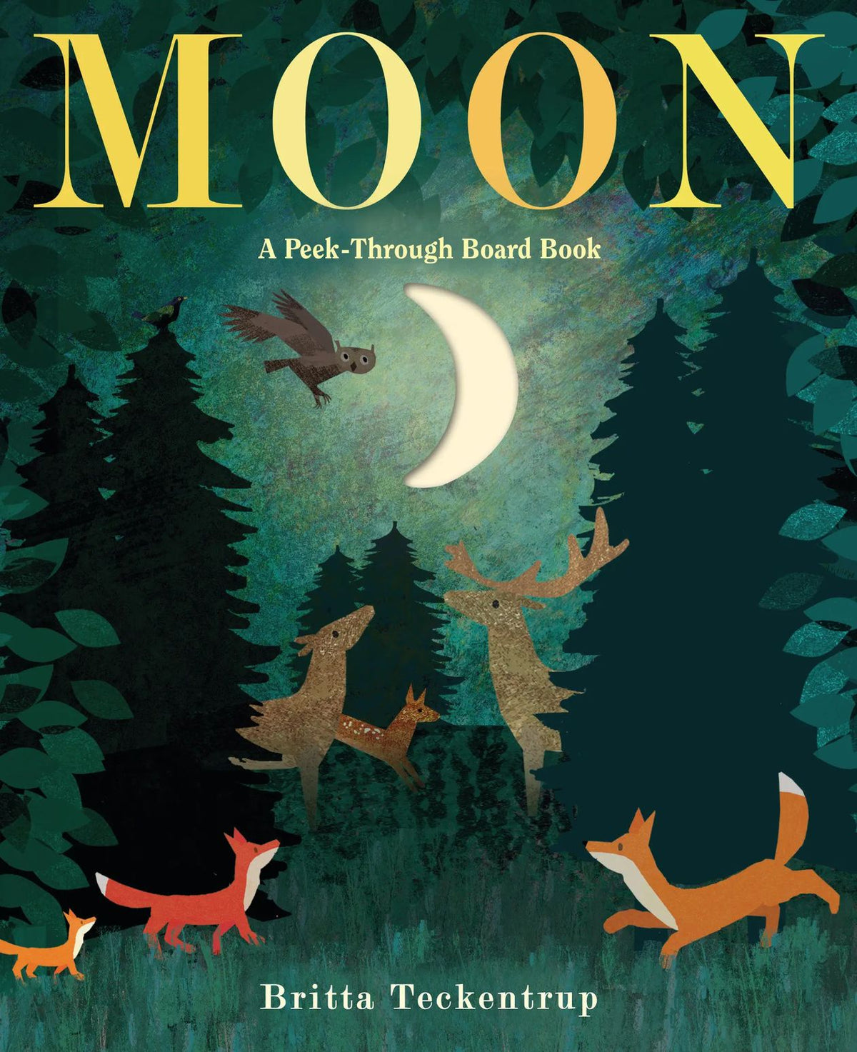 Board book cover with animals and moon design, featuring the title 'MOON' and author 'Britta Teckentrup'.