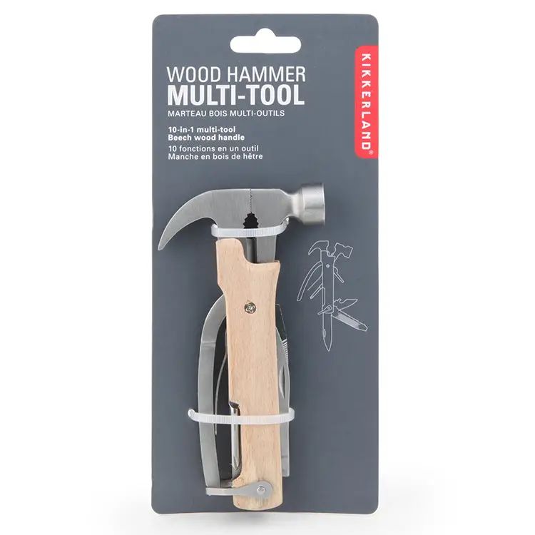 Wood hammer multi-tool packaging with Kikkerland branding on a gray background