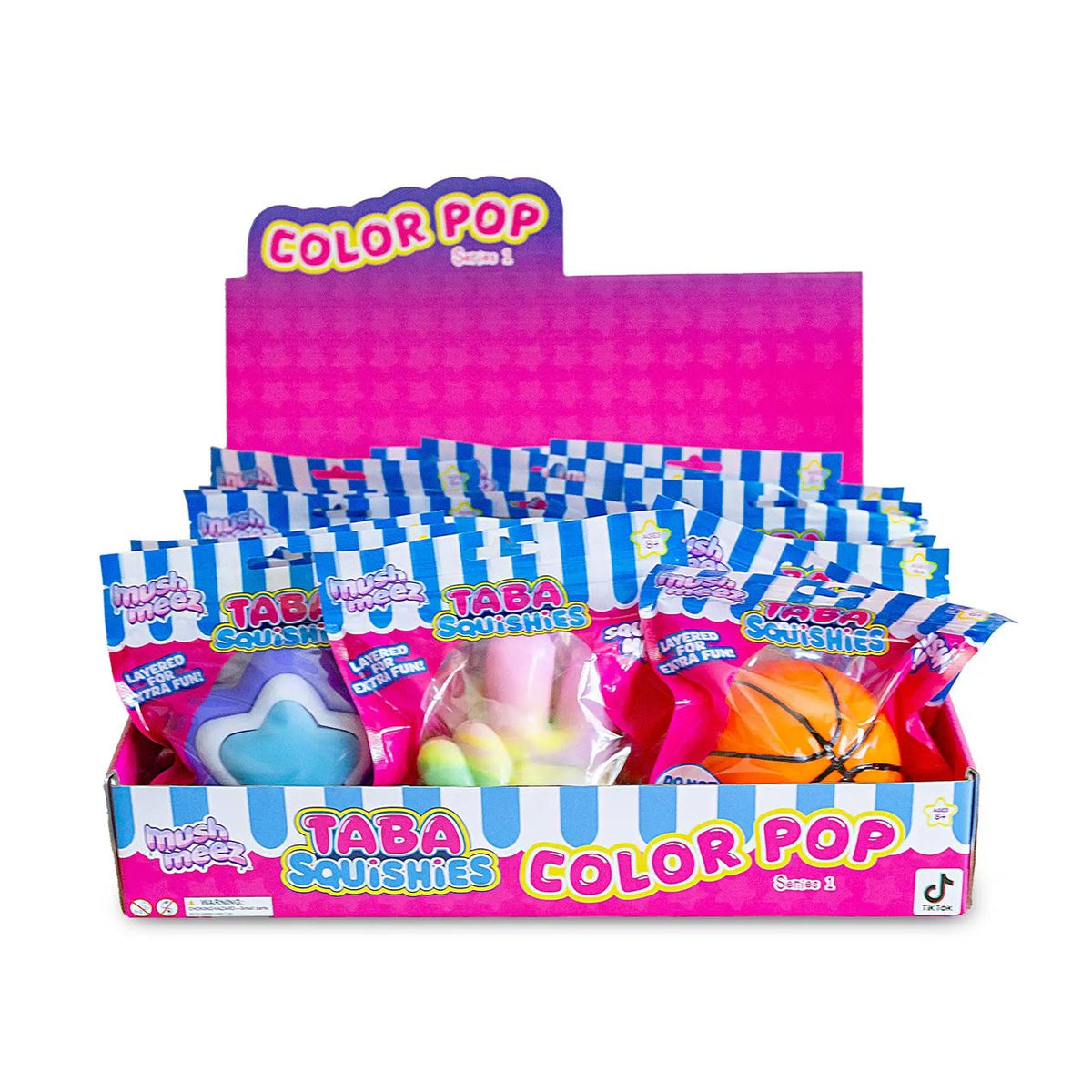 Mushmeez Taba Squishies Color Pop blind bag squishy toys in bright pink, blue and orange display box