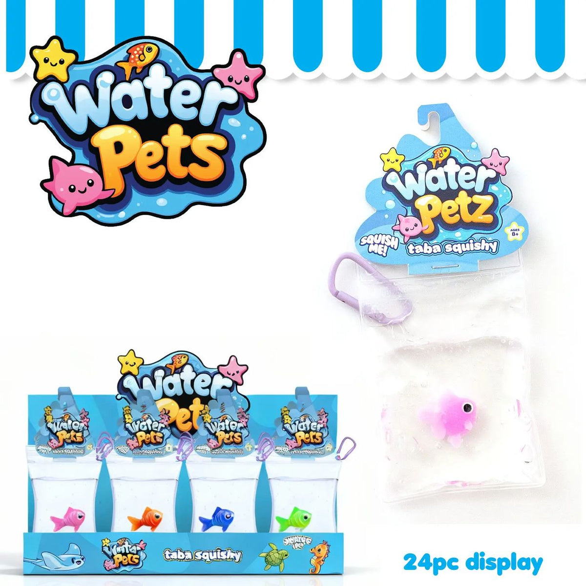 Mushmeez Water Pets taba squishy fish in clear pouch with clip, 24 piece display
