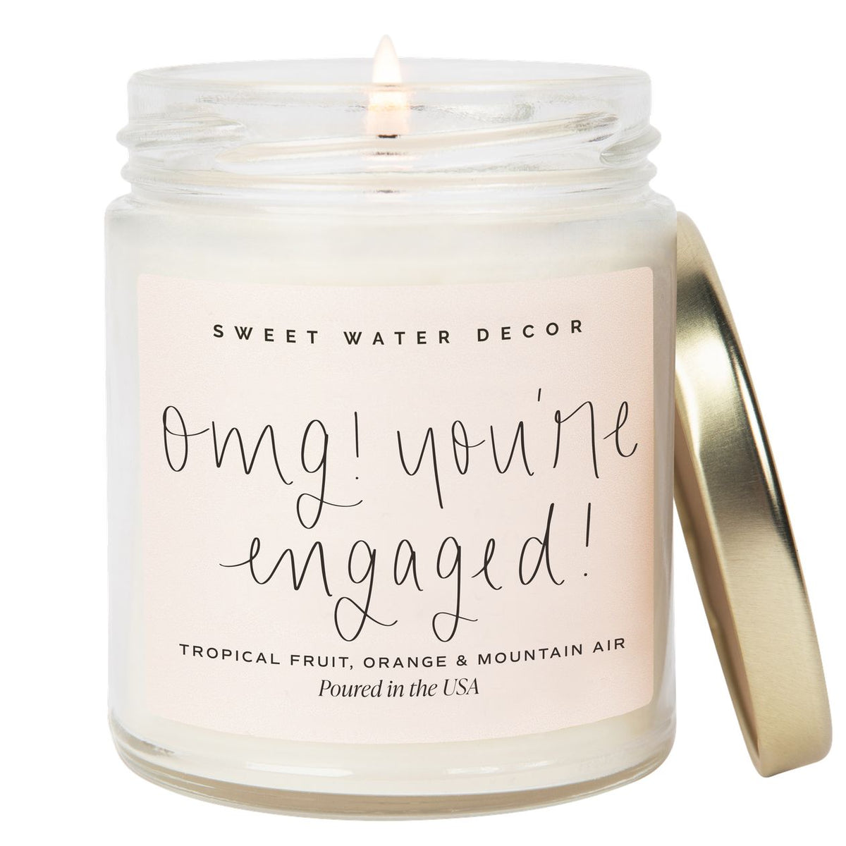Candle in a jar with 'Sweet Water Decor' branding and text on a white background