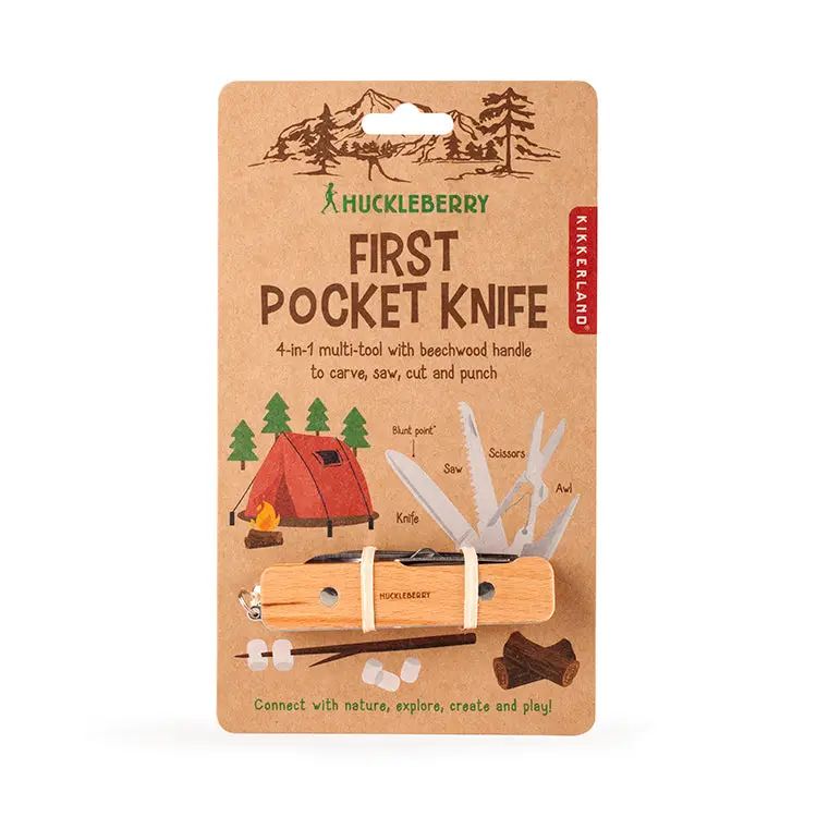 Huckleberry First Pocket Knife packaging with illustrations on a white background