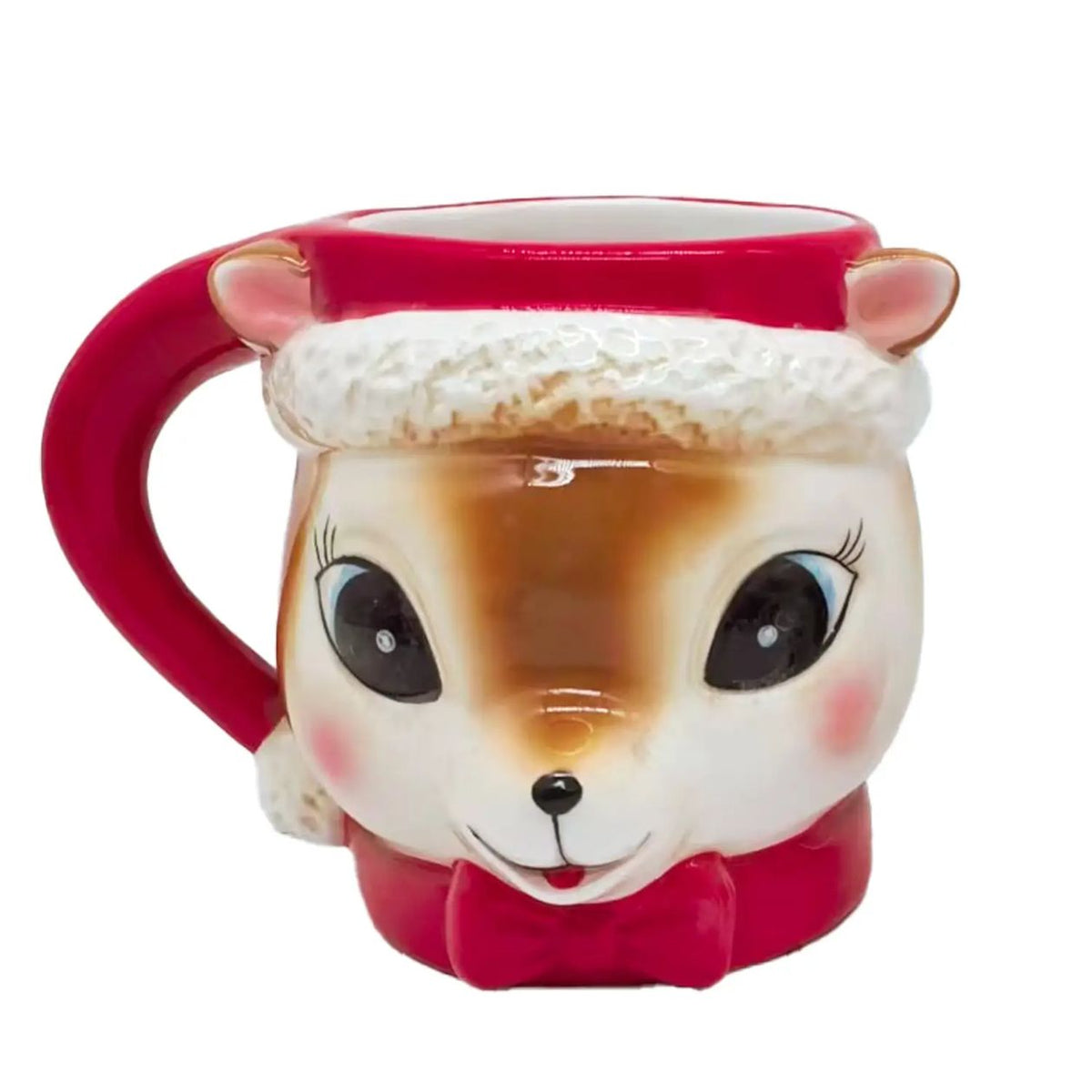 Red ceramic reindeer coffee mug with brown reindeer face, white Santa hat brim, ears, and a red bow