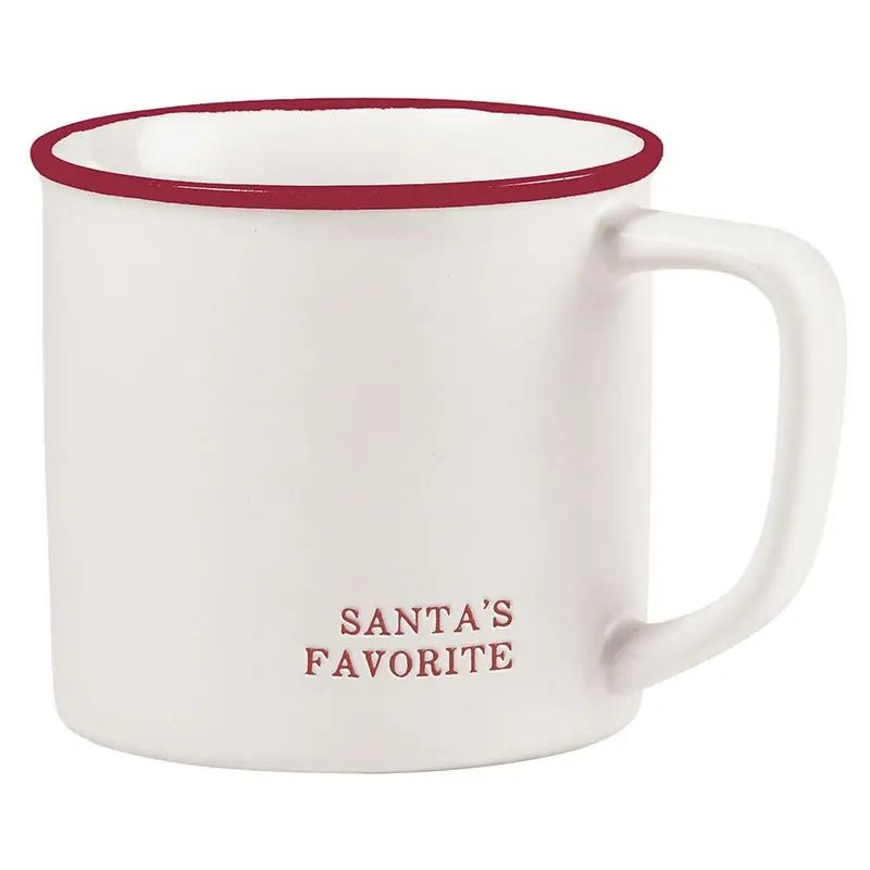 White mug with red interior and handle, featuring 'Santa's Favorite' text on a white background