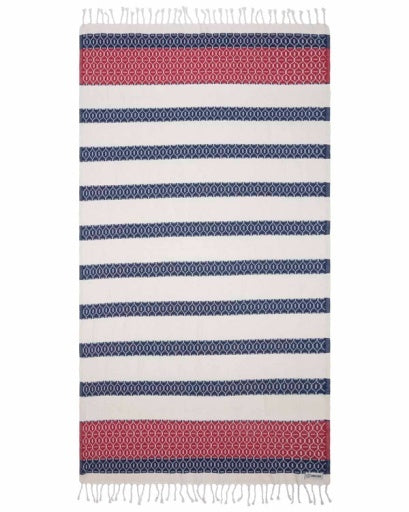 Striped rug with red, blue, and white pattern on a white background