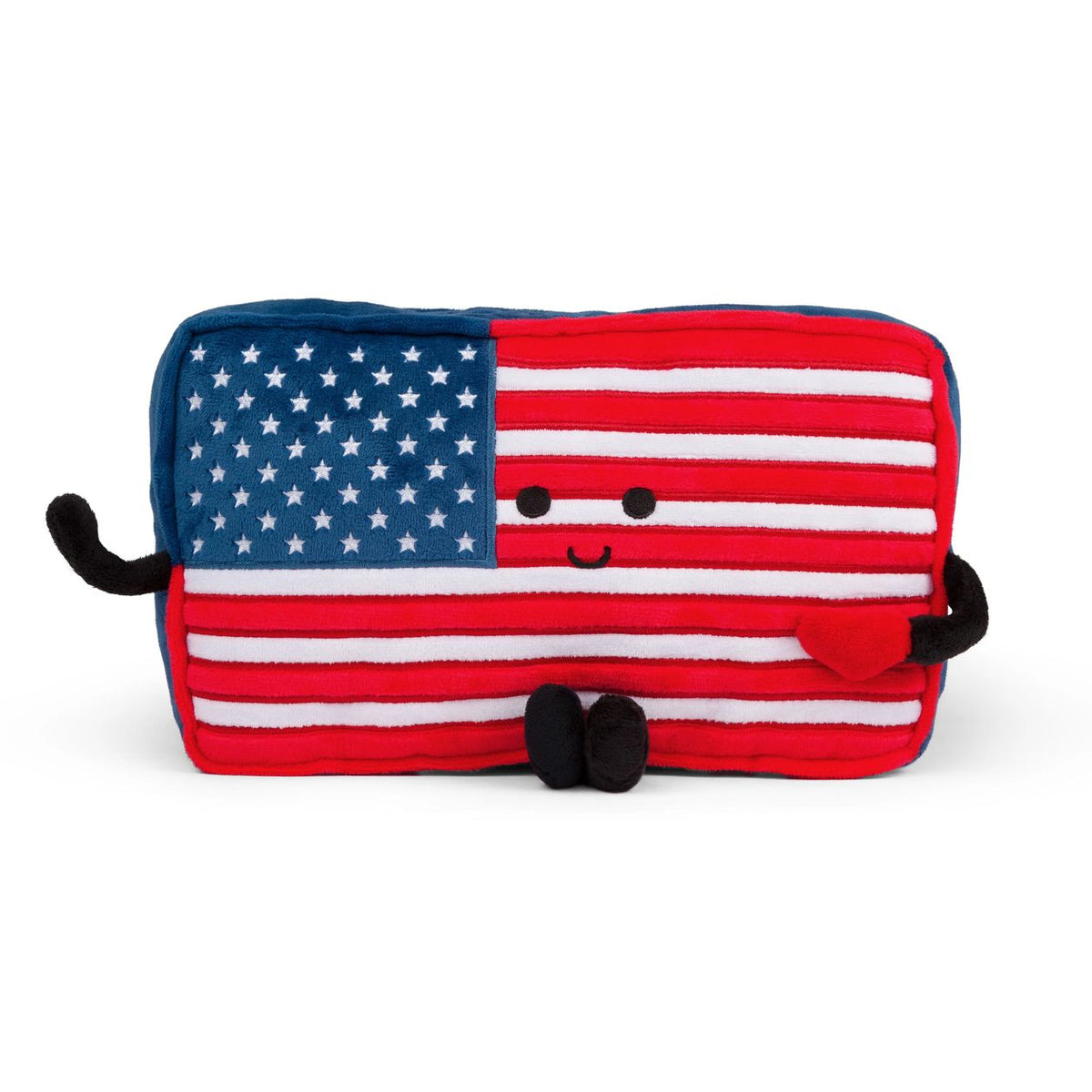 Plush toy shaped like the American flag on a white background