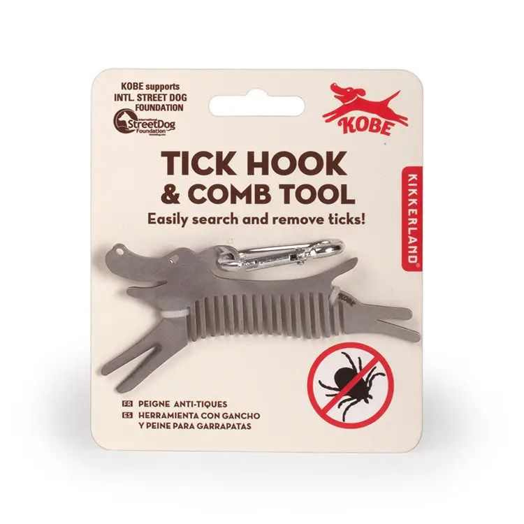 Tick hook and comb tool on a Kiko brand packaging with a white background