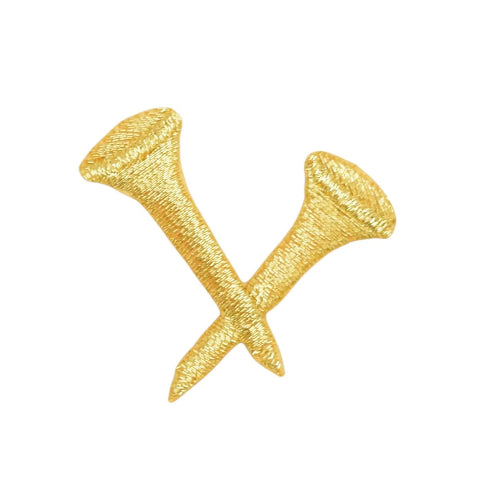 Embroidered two crossed gold golf tees iron-on patch