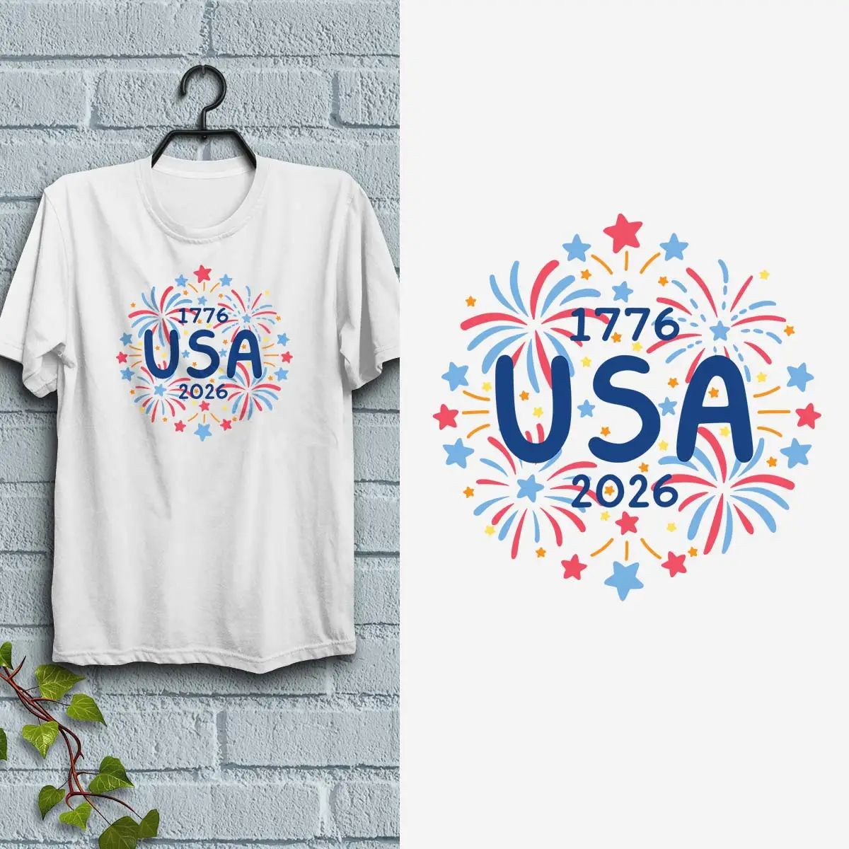 USA fireworks doodles 1776 graphic t-shirt