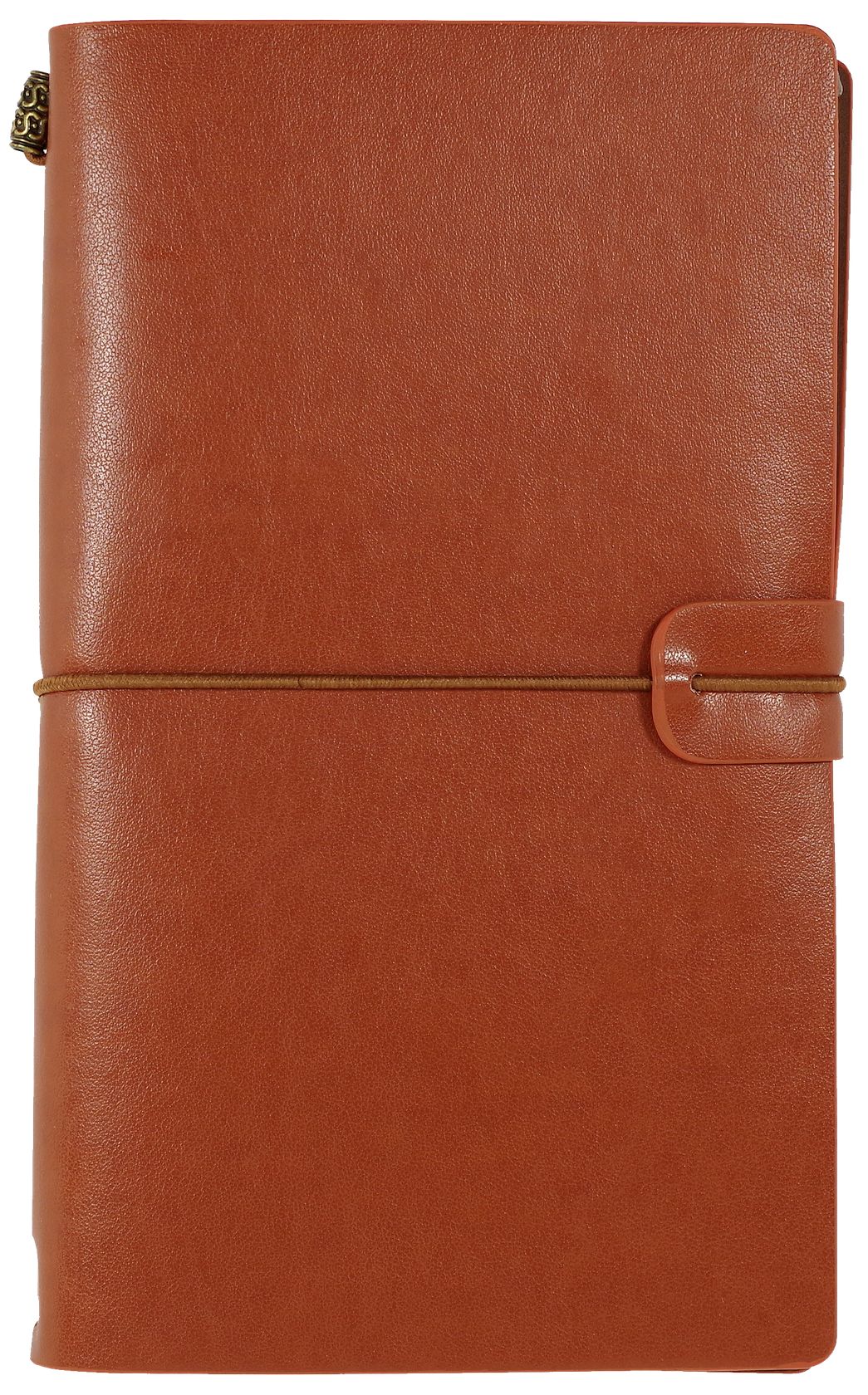Nutmeg brown faux leather Voyager refillable traveler's notebook with elastic closure and bronze bead accent