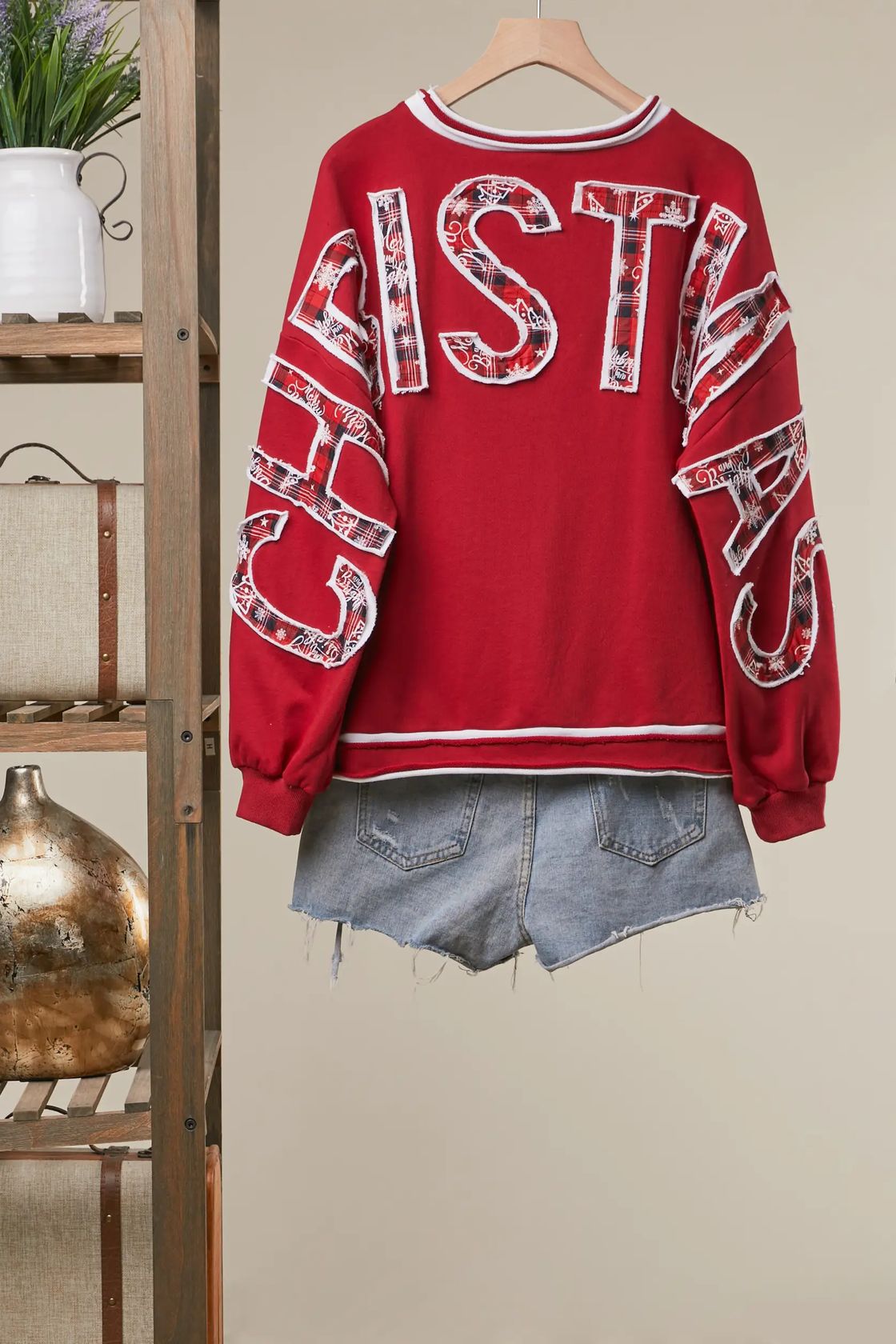 Christmas apparel - red Christmas patchwork letter sweatshirt