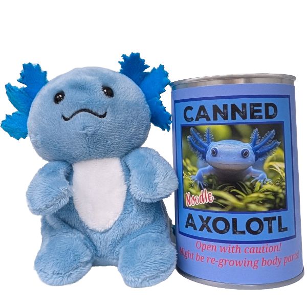 Plush axolotl toy next to a can labeled 'Canned Axolotl' on a white background