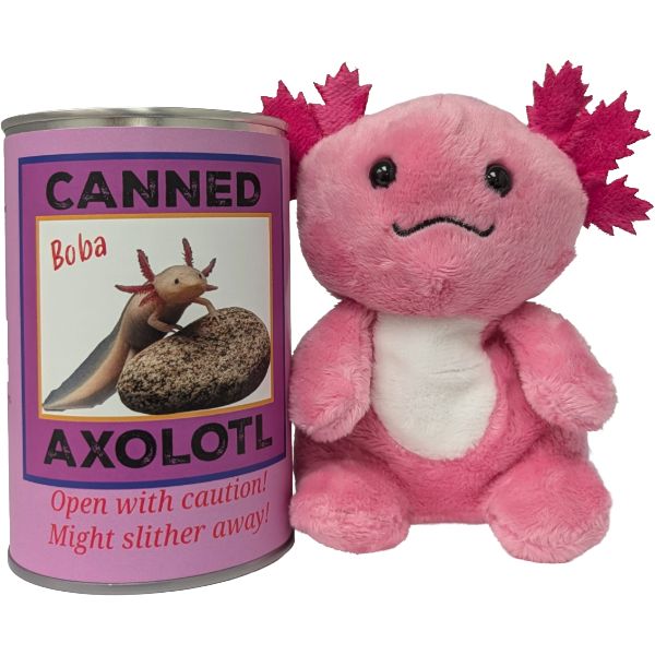 A pink plush axolotl toy sits next to a pink metal can labeled 'CANNED Boba AXOLOTL' on a plain white background.