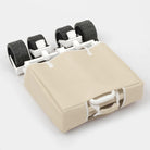 Beige car seat cover with black and white straps on a white background