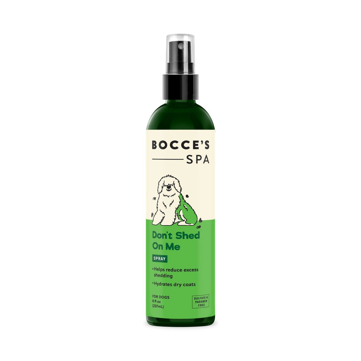 Bottle of Bocce's Spa 'Don't Shed On Me' spray for dogs on a white background
