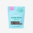 Package of Bocce's Brushy Sticks dental bars for small dogs on a light blue background