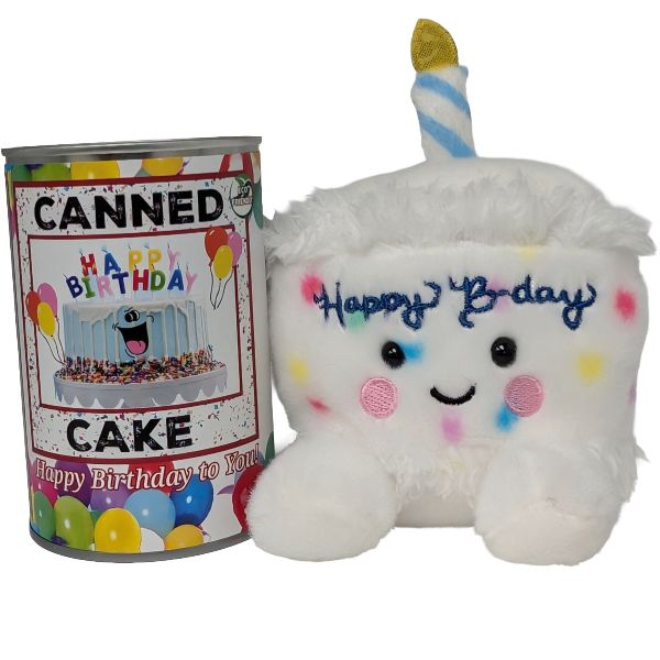 Plush birthday cake toy with candle next to a can labeled 'Canned Happy Birthday Cake'.