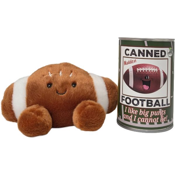 Plush toy resembling a football next to a can labeled 'Canned Football' on a white background