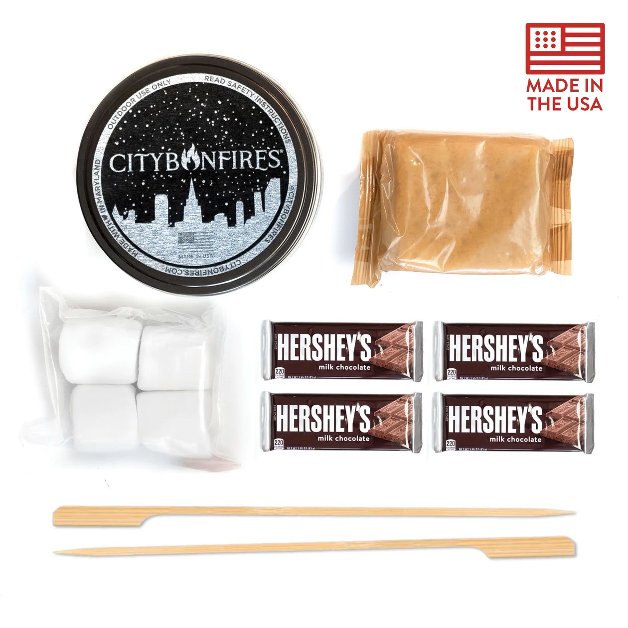 City Bonfires product with Hershey's chocolate bars and other items on a white background
