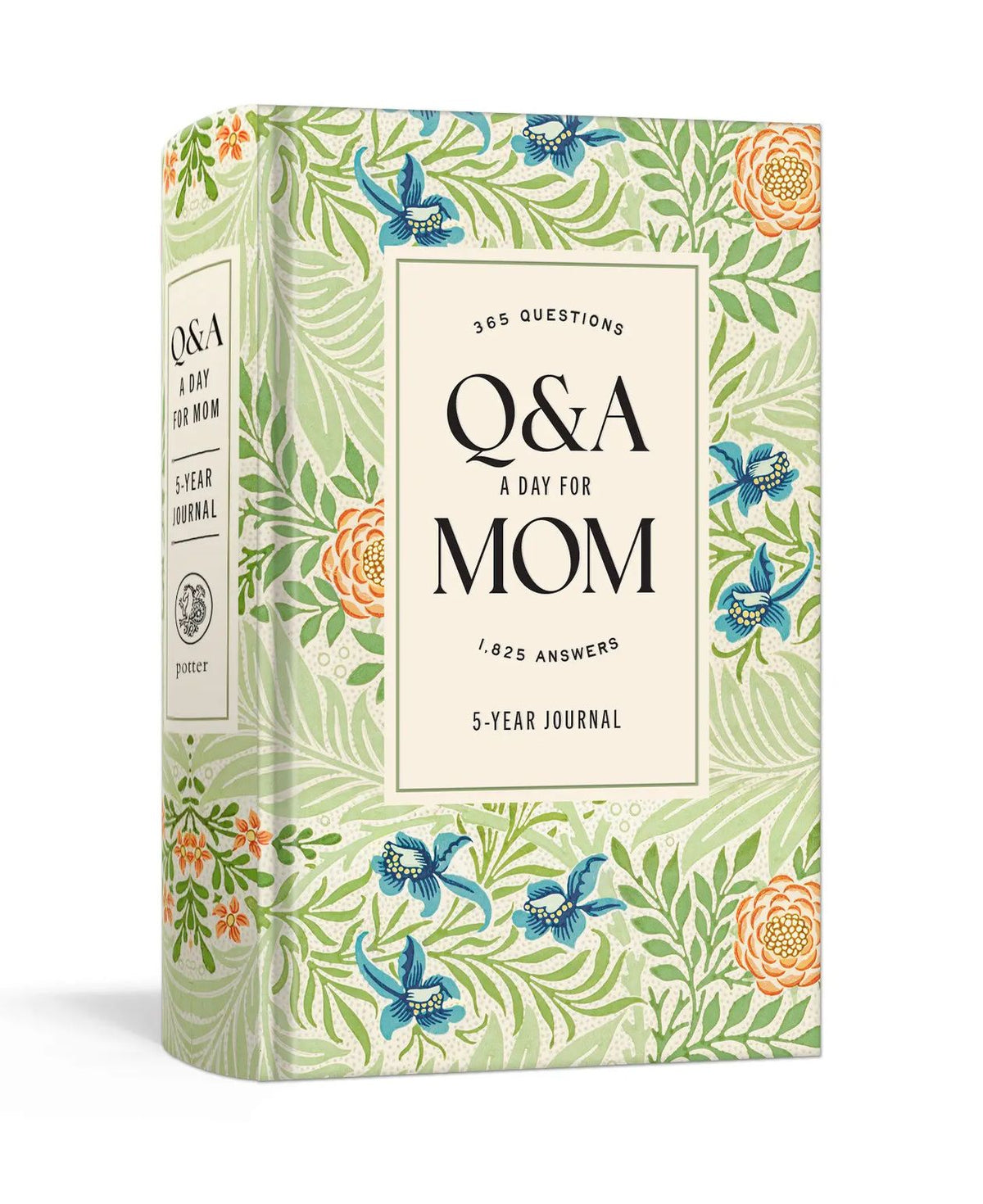Book titled 'Q&A A Day for Mom' with floral design on a white background