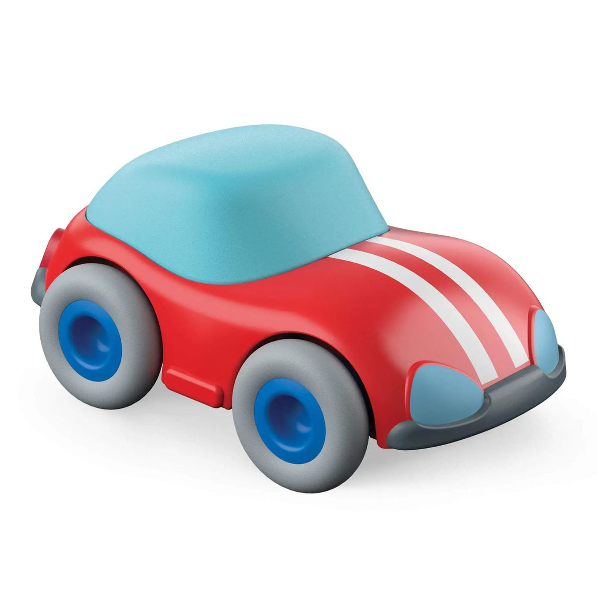 Toy car with red body, blue roof, and gray wheels on a white background