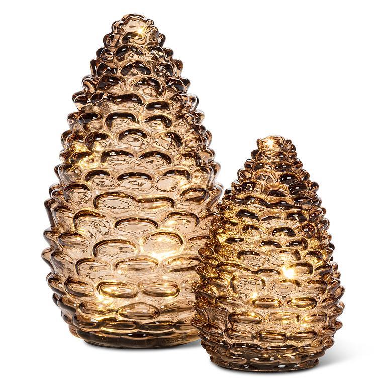 Abbott amber glass pinecone LED lights, large and medium