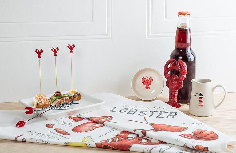 Abbott lobster bottle opener with lobster-themed table linens