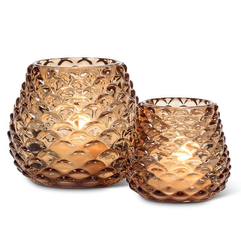 Abbott amber glass pinecone tealight holders, medium and small