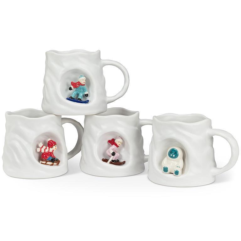 Abbott mountain look mugs with winter characters in the alcove