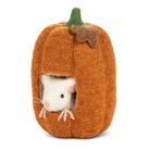 Abbott felt mouse peeking out of a tall pumpkin, side view
