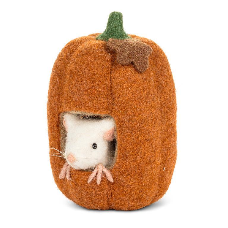 Abbott felt mouse peeking out of a tall pumpkin, side view