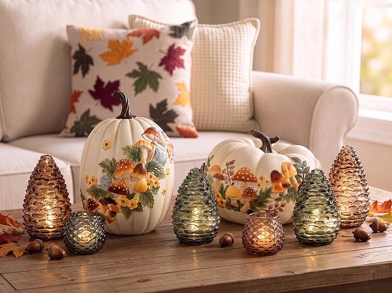 Abbott glass pinecone LED lights styled on a fall mantel