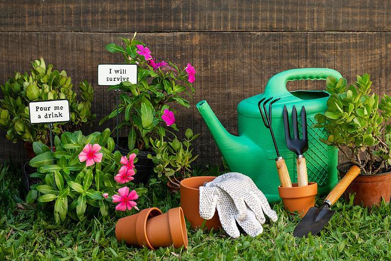 Abbott antique white plant signs in pots with gardening tools