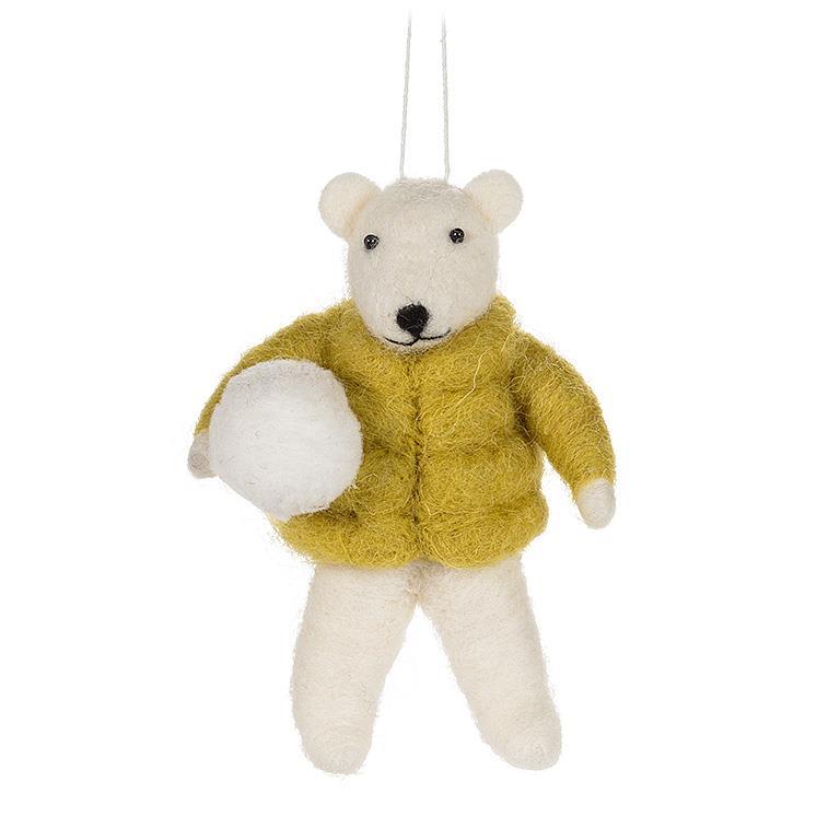 Abbott felt bear ornament in a yellow puffy coat