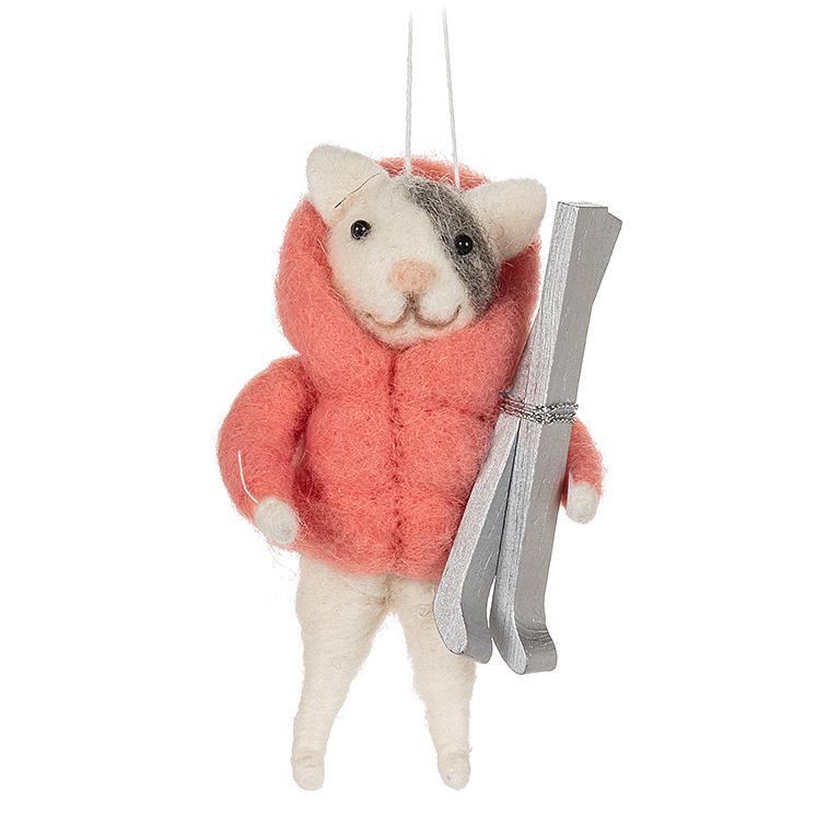 Abbott felt animal ornament in a pink puffy coat with skis