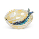 Abbott round slim fish small bowl in blue and yellow, angled view