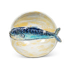Top view of the Abbott round slim fish bowl with blue fish design