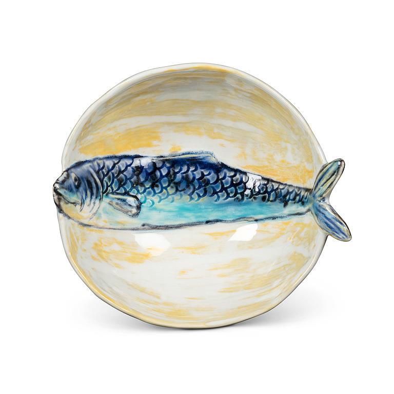 Top view of the Abbott round slim fish bowl with blue fish design