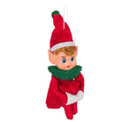 Abbott sitting elf ornament in red and green, side view
