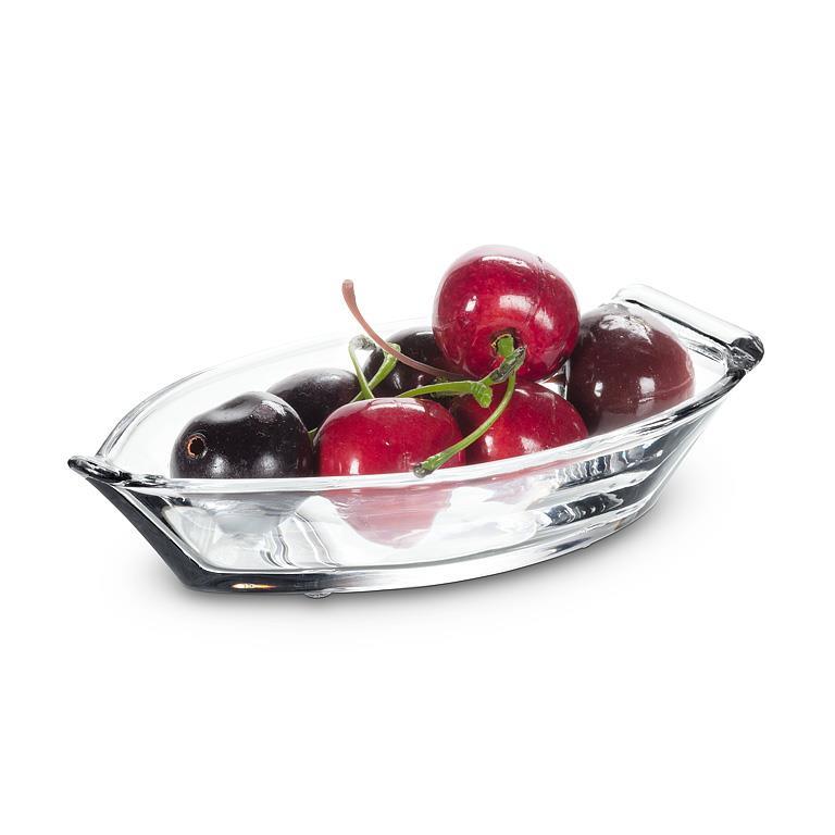 Abbott small boat shaped glass dish filled with cherries