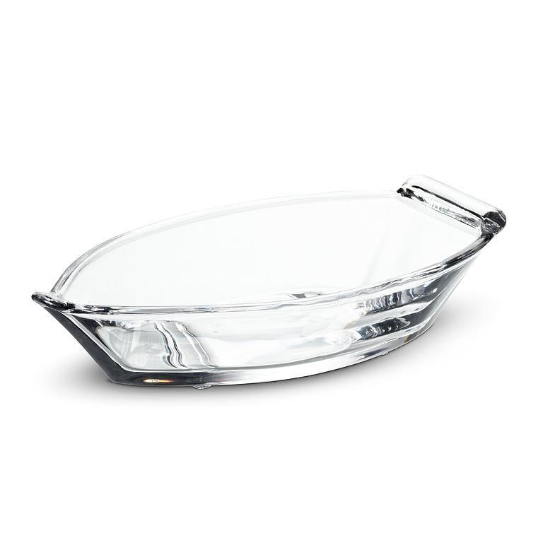 Abbott small boat shaped glass dish, side view