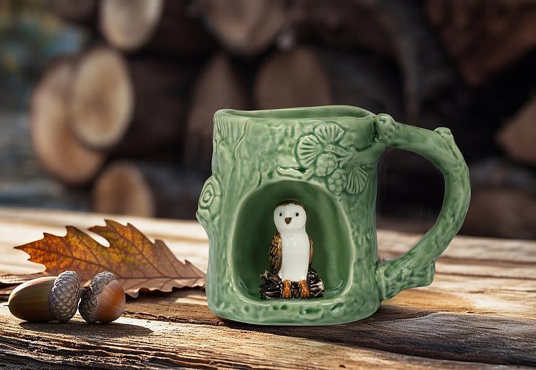 Abbott barn owl tree look mug styled on a wooden table