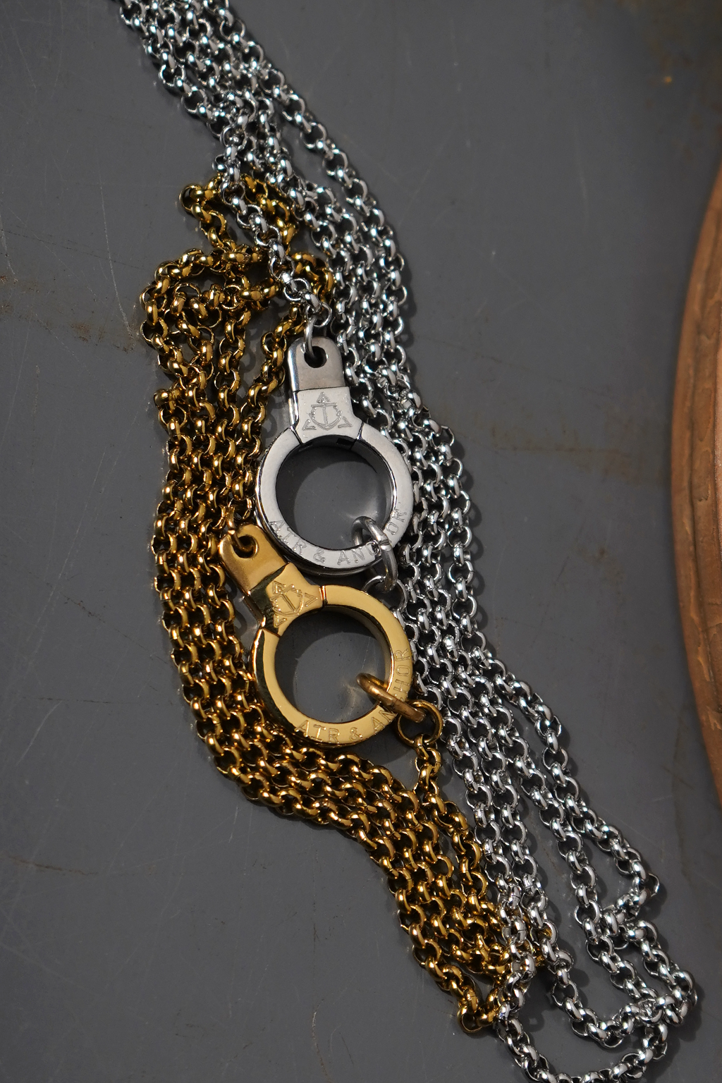 Air and Anchor Round Link Cuff Keeper Necklaces in gold and silver