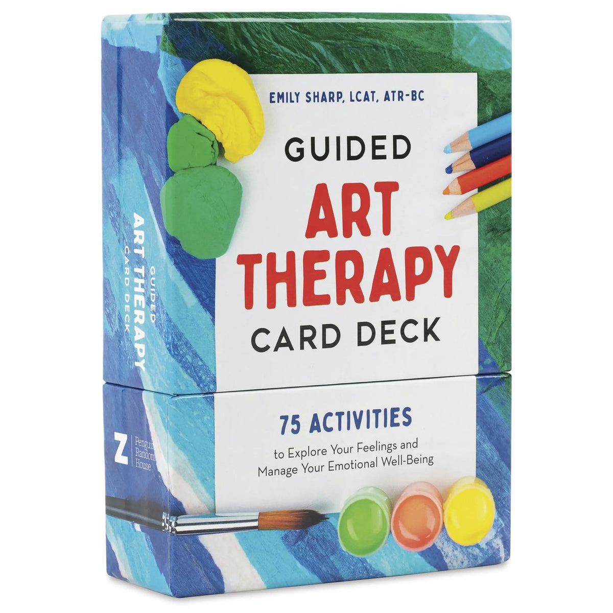 Guided Art Therapy Card Deck packaging with colorful art supplies on a white background