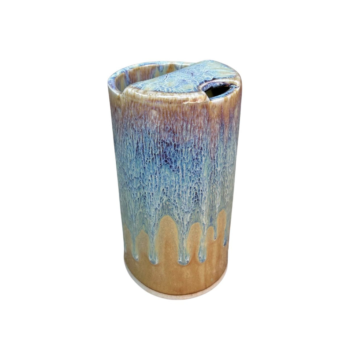Bay Pottery handmade stoneware travel tumbler with attached lid and reactive drip glaze, 16 oz - view 1