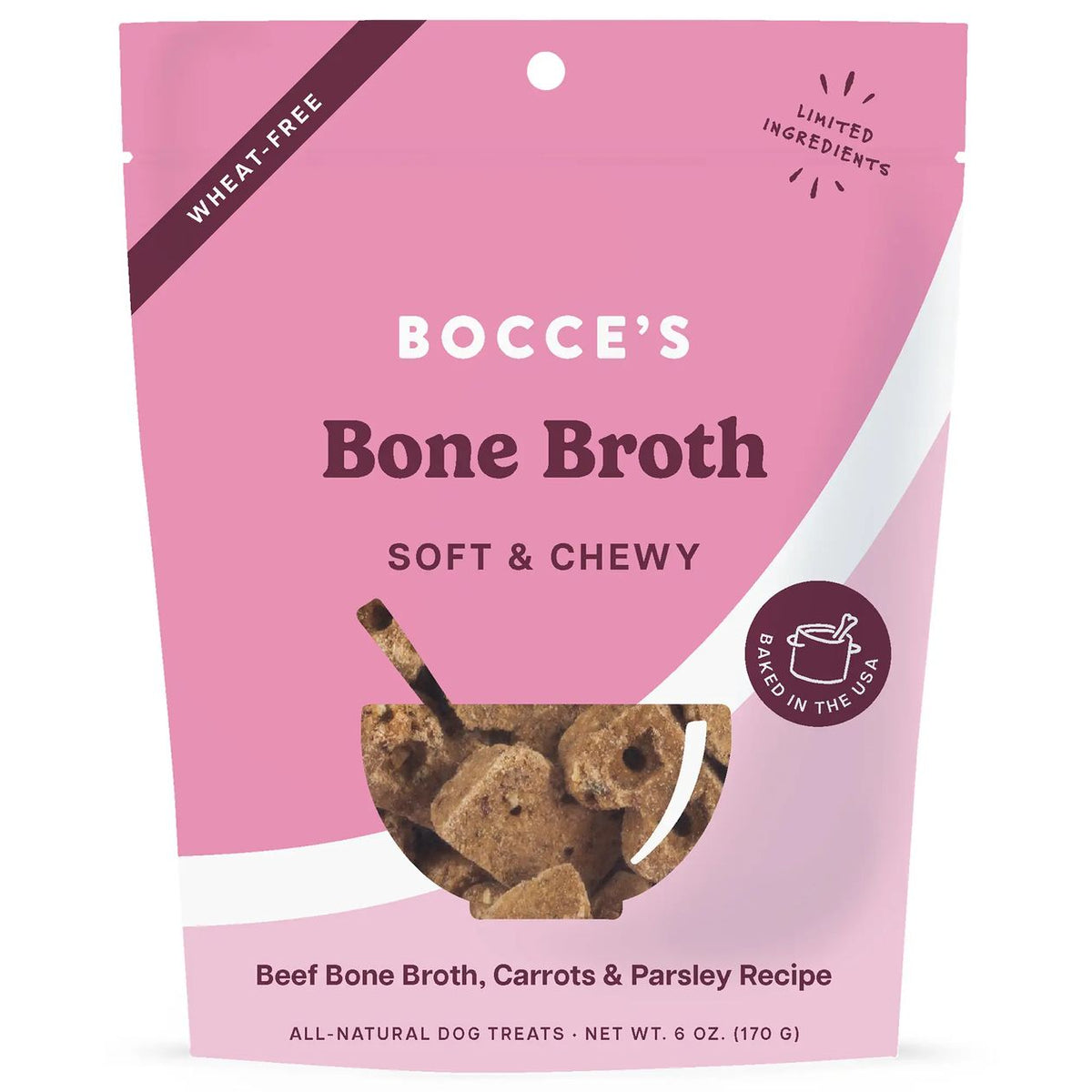 Bocce's Bone Broth soft and chewy dog treat package on a pink background