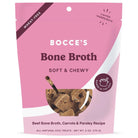 Bocce's Bone Broth soft and chewy dog treat package on a pink background