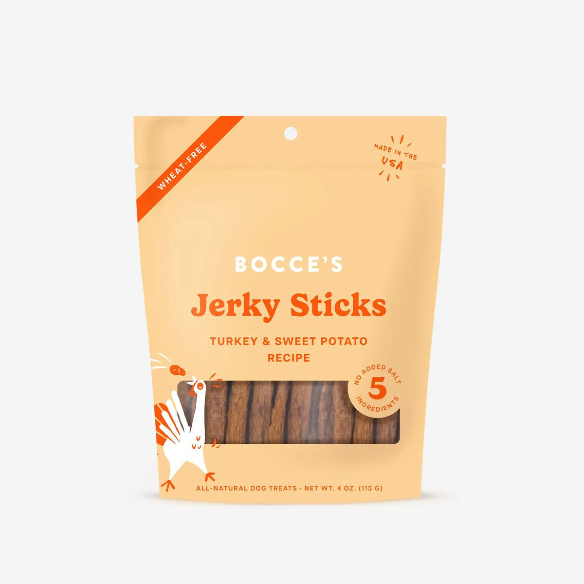 Package of Bocce's Jerky Sticks for dogs on a white background