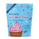 Bocce's Very Berri Froyo dog treat package with blue background and pink ice cream cone illustration.